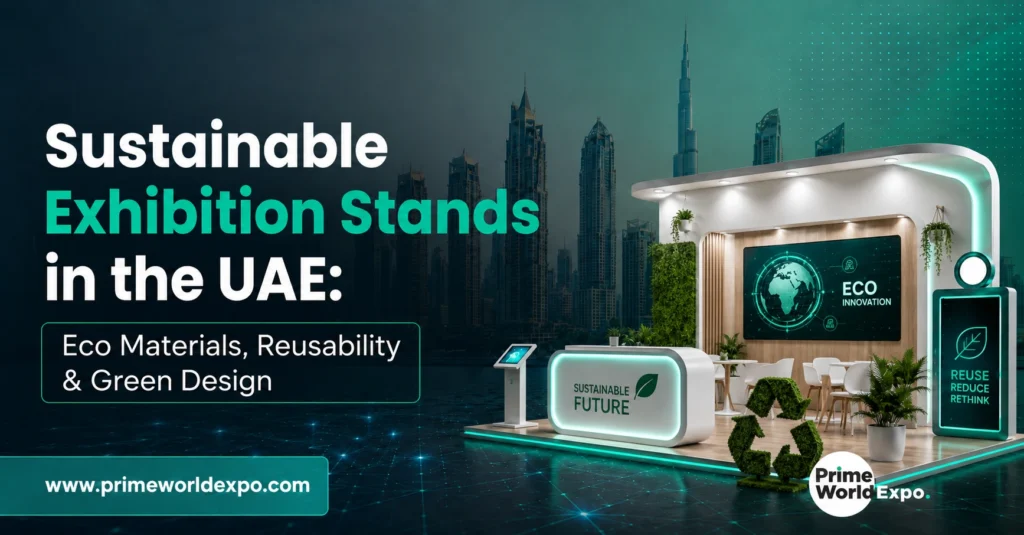 Sustainable exhibition stand design in UAE featuring eco-friendly materials, reusable structures, and green exhibition booth solutions by Prime World Expo.