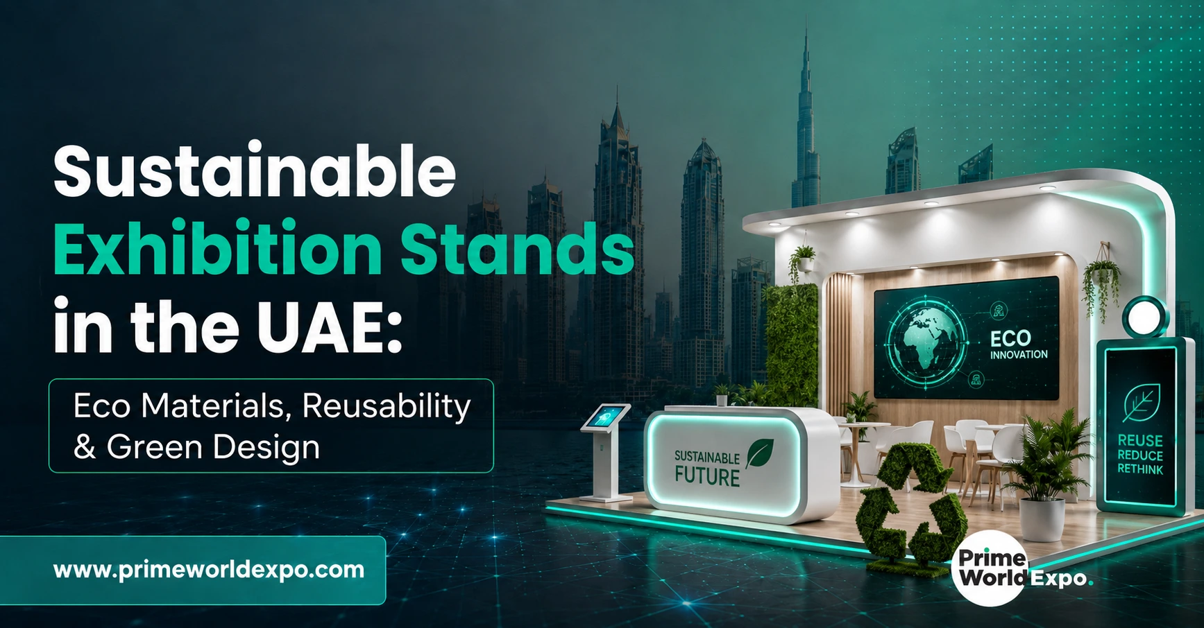 Sustainable exhibition stand design in UAE featuring eco-friendly materials, reusable structures, and green exhibition booth solutions by Prime World Expo.