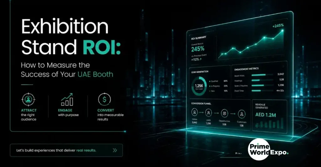 Exhibition Stand ROI in UAE showing lead generation, visitor engagement, and booth performance metrics