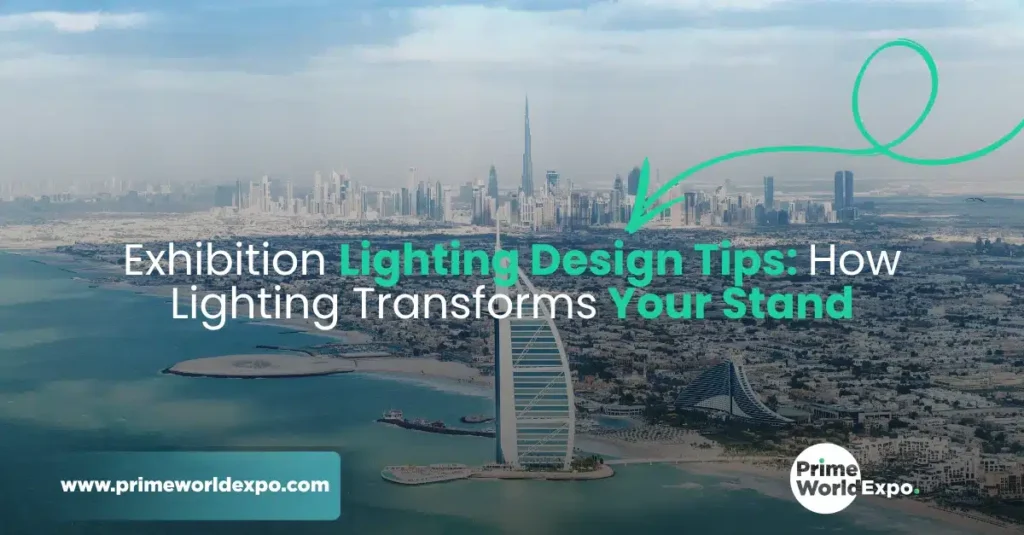 Exhibition lighting design tips in UAE showcasing how strategic stand lighting enhances visibility and visitor engagement