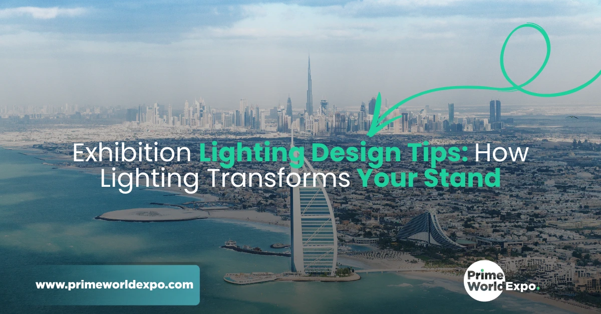 Exhibition lighting design tips in UAE showcasing how strategic stand lighting enhances visibility and visitor engagement