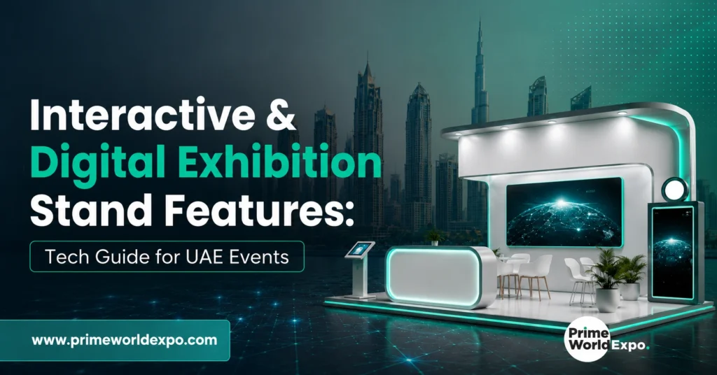Interactive and digital exhibition stand features in UAE showcasing touchscreen kiosks, LED displays, and smart event technology.